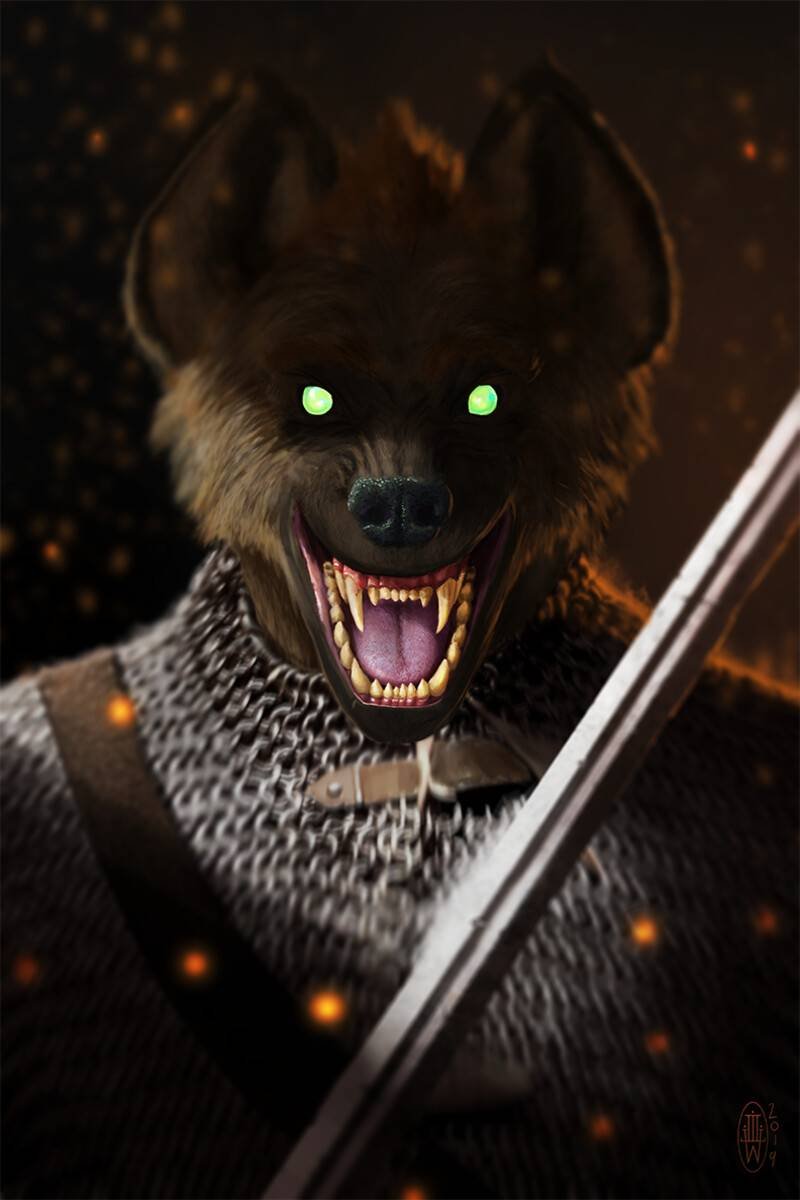 A Grishkah: a snarling wolf-headed warrior in maille, green-eyed, against drifting embers.