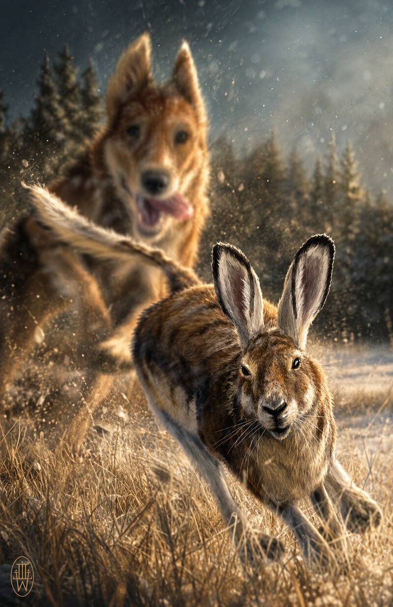 A hare bounding through snow-lit grass with a hound closing behind it.