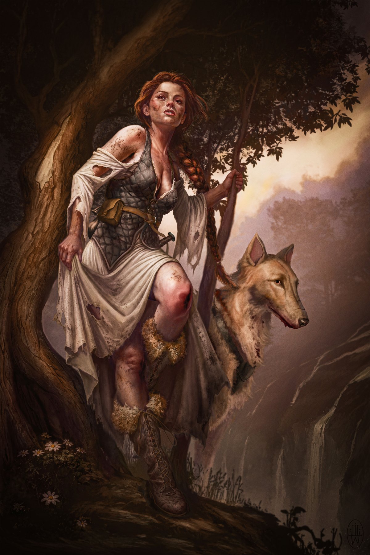 Lirah, red-haired and battered, climbing a hillside beside Riidak, a tall striped hound.