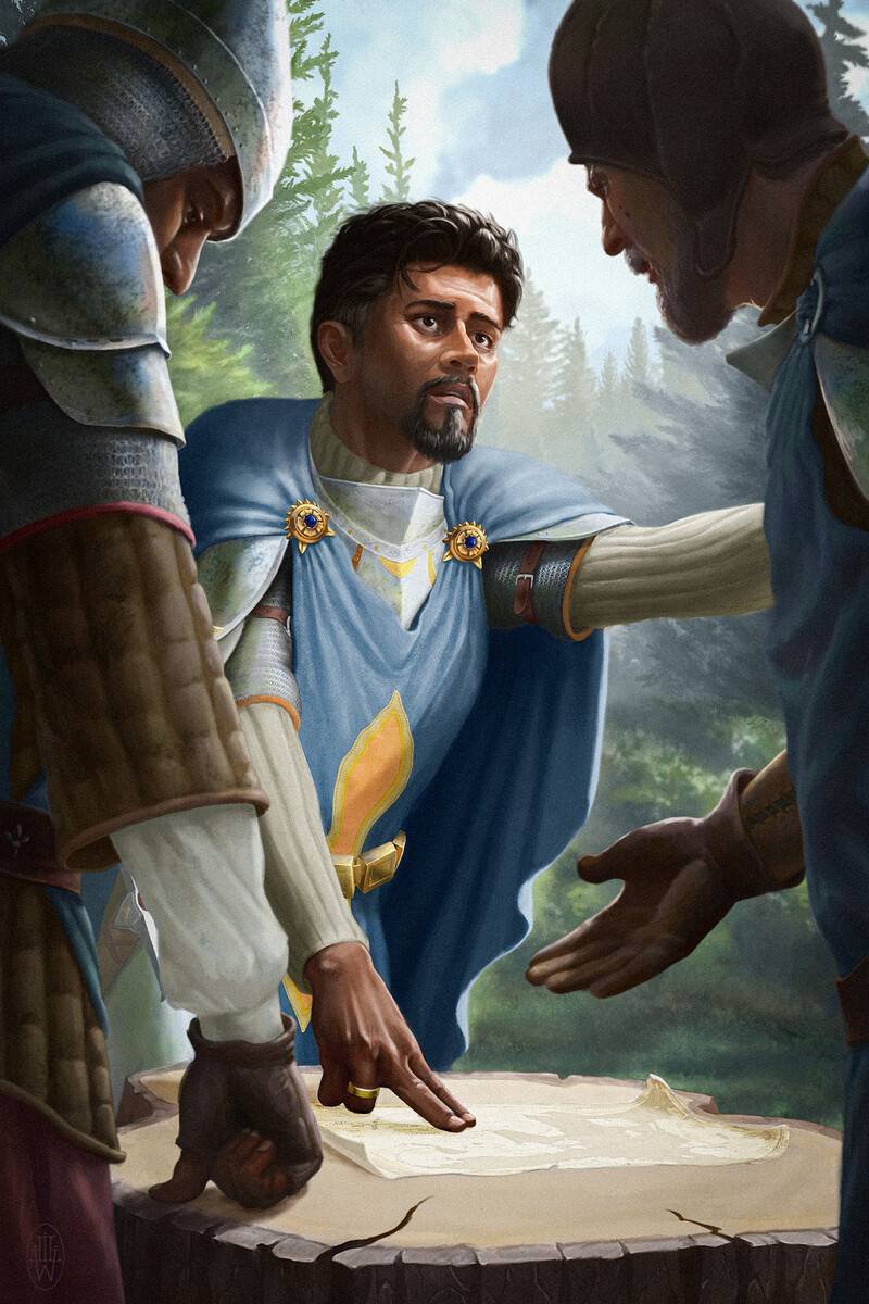 Three Mantorahn soldiers in blue and gold arguing over a map spread on a tree stump.