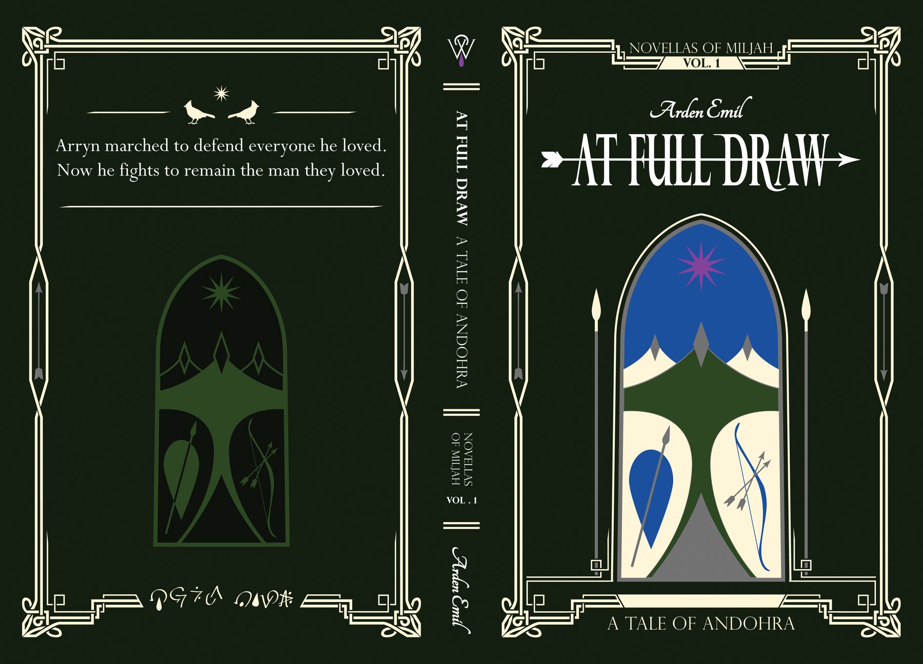 The full wraparound cover of At Full Draw: back cover with the tagline and a darkened arch, the spine, and the front cover.