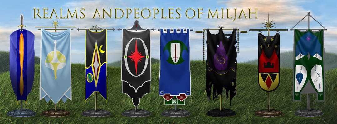 The banners of the realms and peoples of Miljah, arrayed on a hillside.