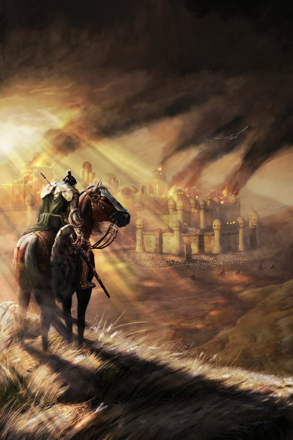 The Heritage of Loss cover painting without lettering: a wounded rider on a ridge above the burning city of Ell&rsquo;Anoth.