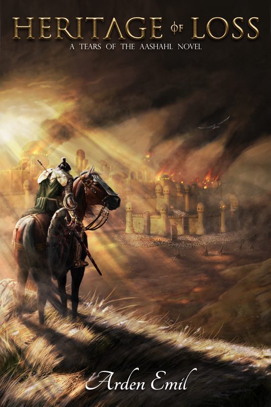 Heritage of Loss — cover art: a lone rider on a ridge above a burning golden city.