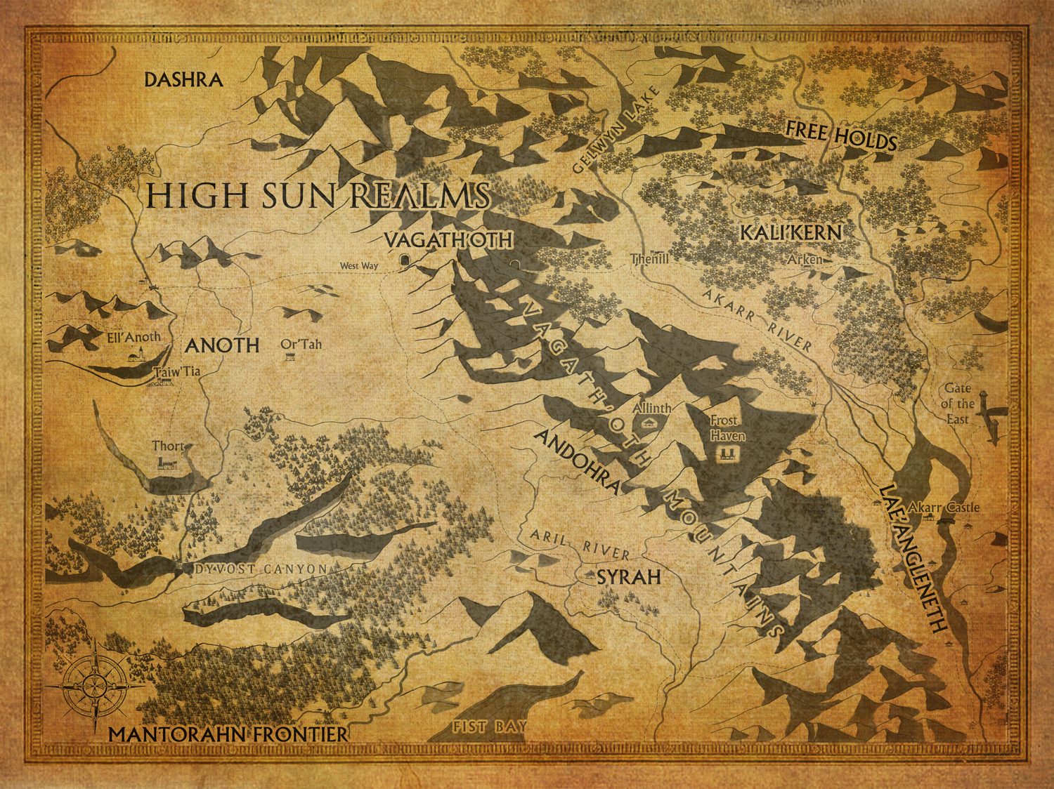 Map of the High Sun Realms of Miljah, drawn on aged parchment.
