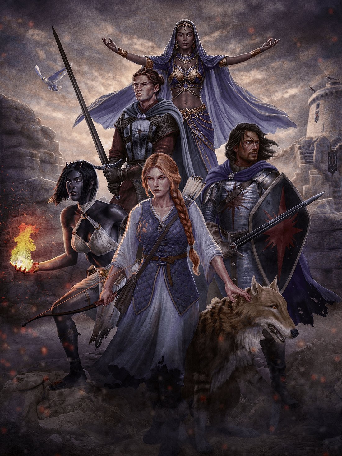 Bound by Fate: the saga&rsquo;s central figures gathered together, a sorceress rising above them.