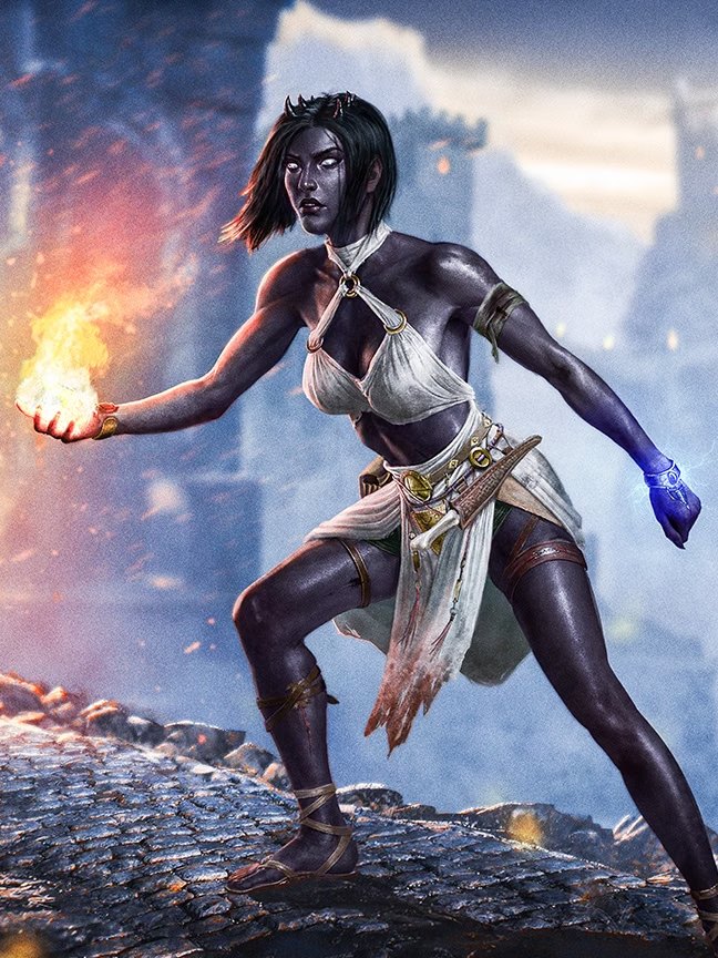 Defiance of the Xydarii: Vishaya on fortress steps, lightning and flame at her fingertips.