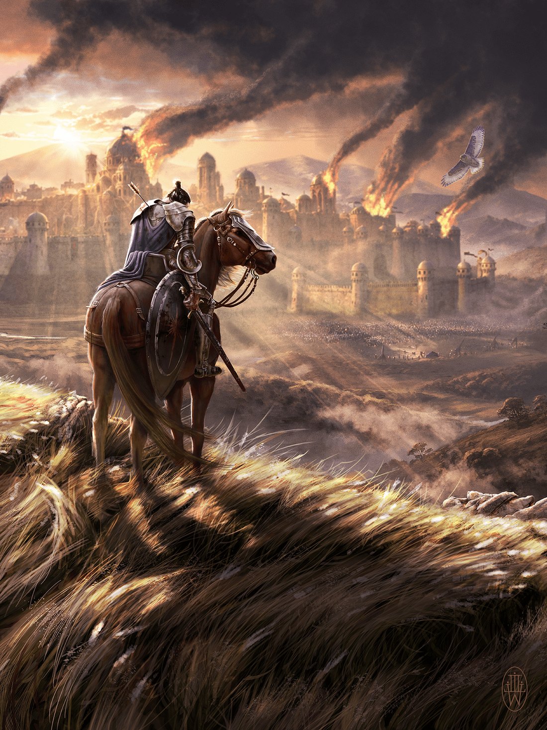 Heritage of Loss: a cloaked rider on a grassy ridge in low gold light, looking down on a walled city burning beneath a smoke-dark sky.