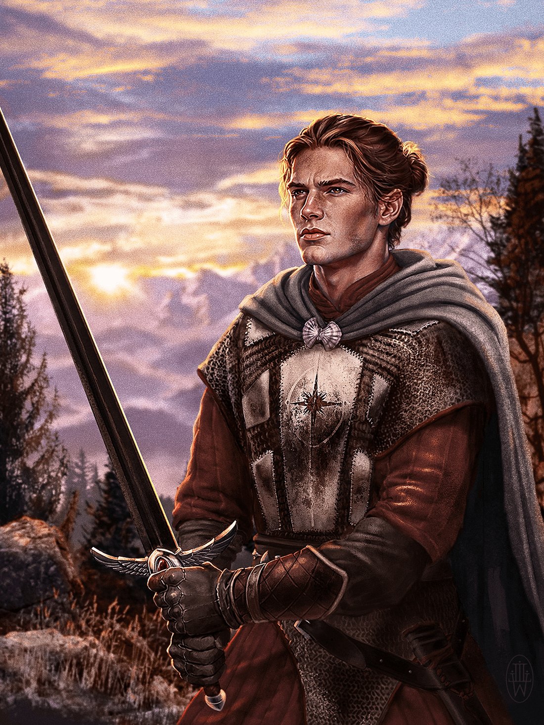 Ralenn&rsquo;s Imer&rsquo;Antras: Ralenn in ancestral raiment with sword and spear, mountains behind him.