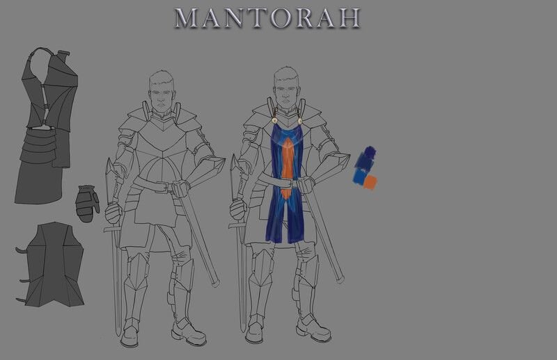 Design sheet for Mantorahn armour: line drawings of a soldier with plate components and a blue and orange palette.