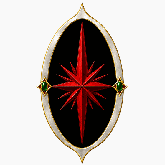 The device of Anoth: a red compass-star on black within a silver and gold vesica set with emeralds.