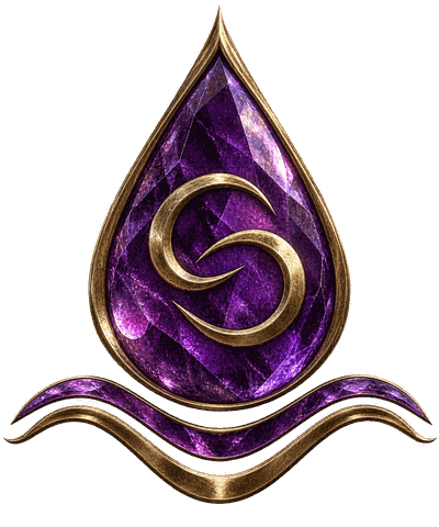 A single Tear of the Aashahl: a faceted amethyst drop set in gold above a gold wave.